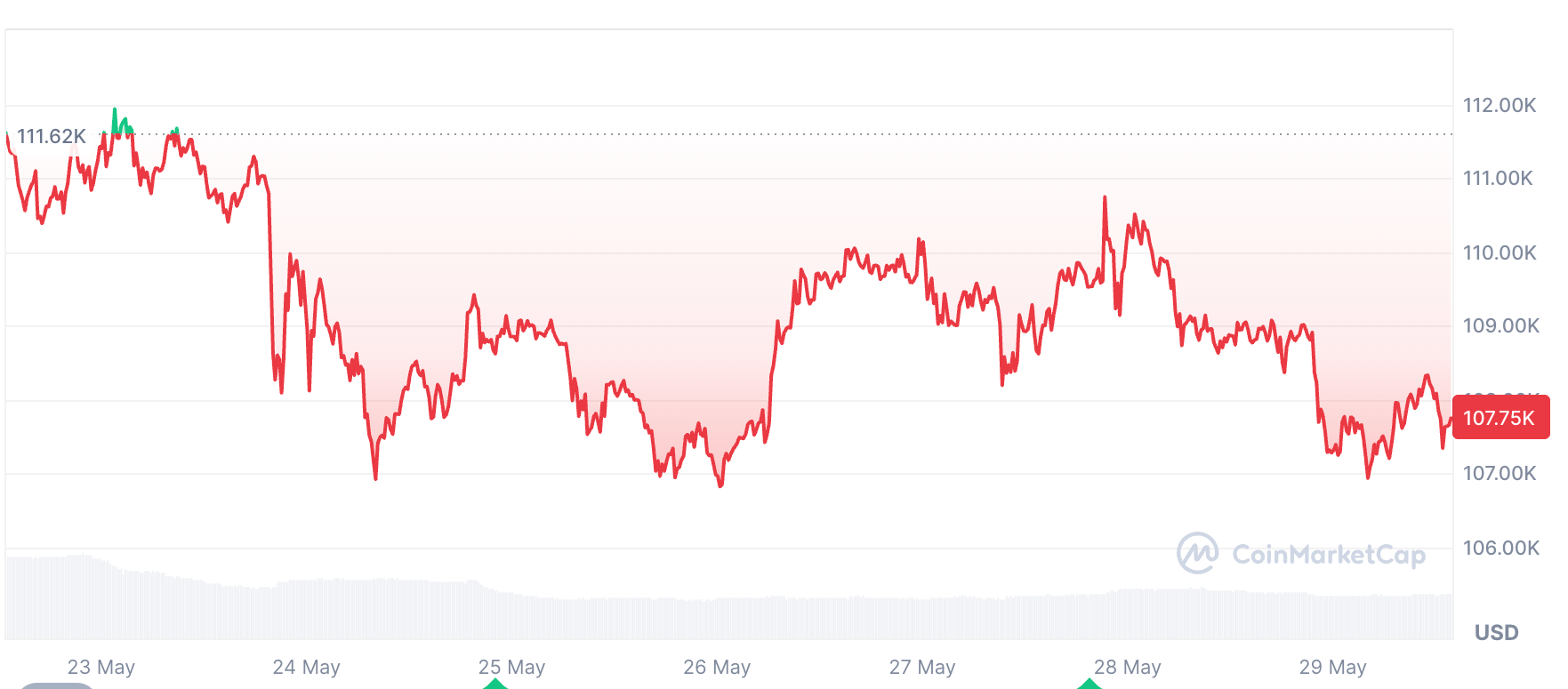 Bitcoin is down 3.36% over the past seven days. Source: CoinMarketCap