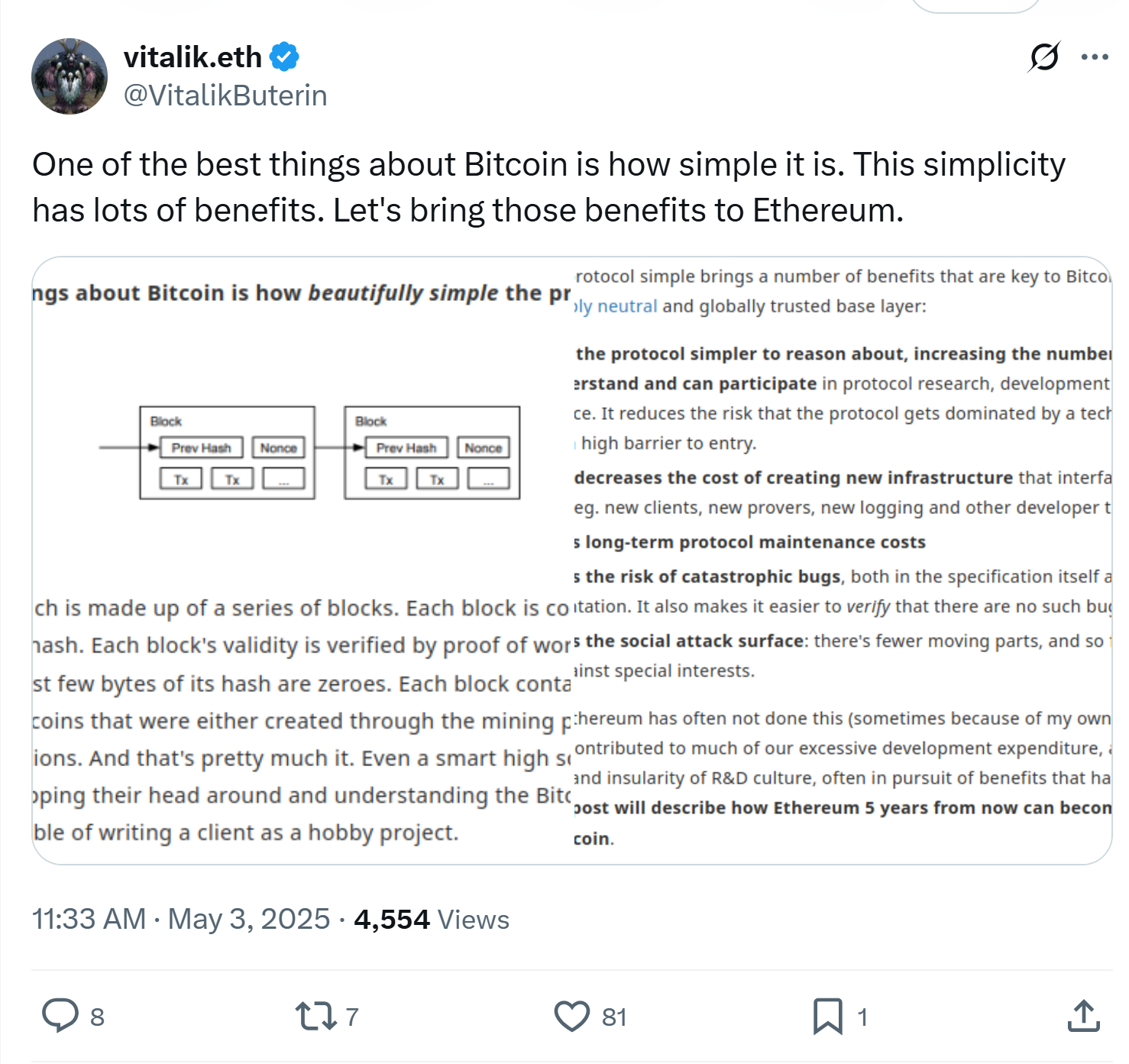 Buterin praises Bitcoin for its simplicity. Source: Vitalik Buterin
