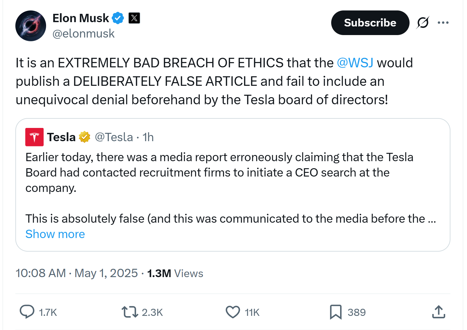 Musk and Tesla board dismissing WSJ report. Source: Elon Musk