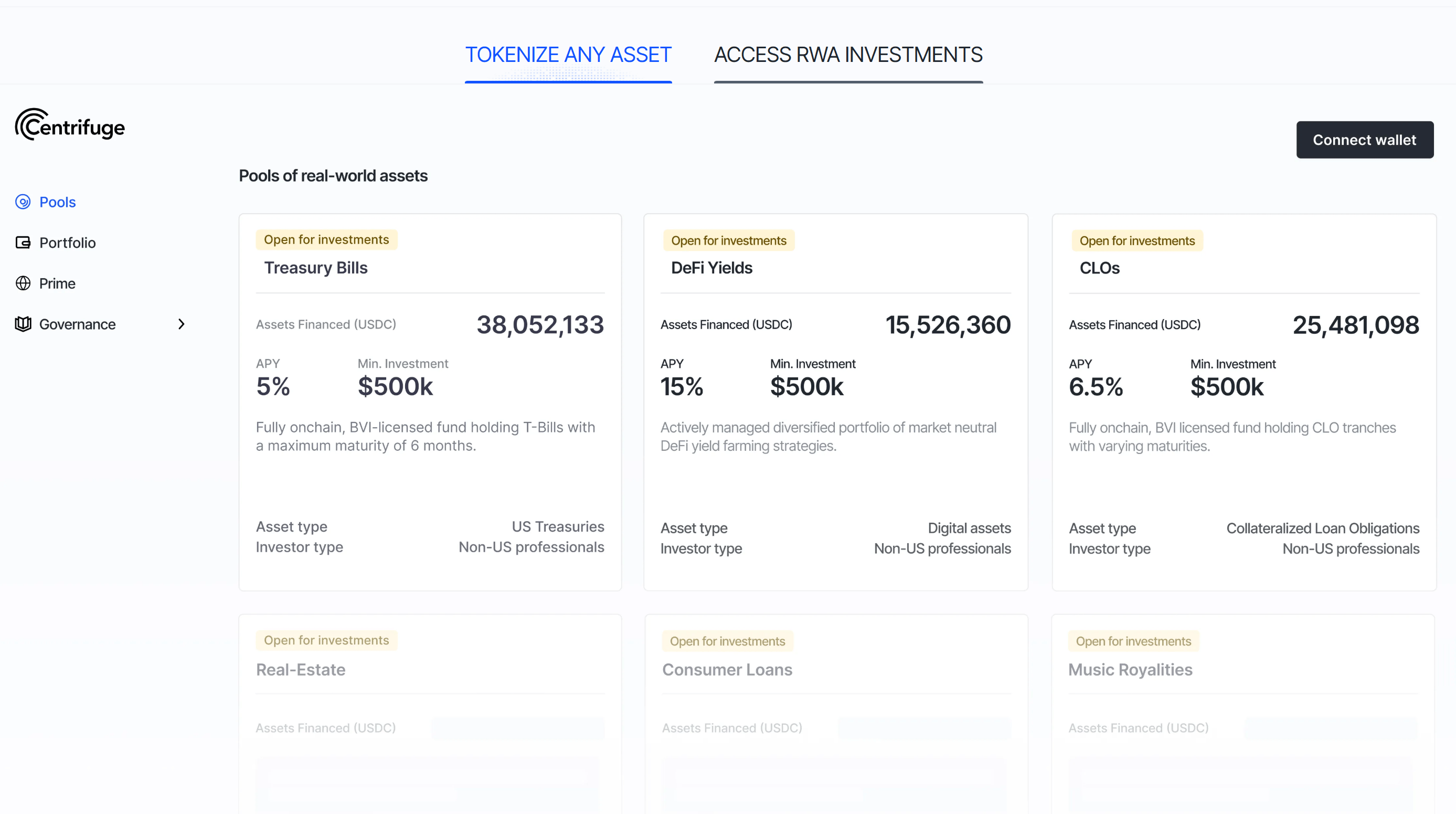 Centrifuge offers tokenized real-world asset pools for investors. Source: Centrifuge