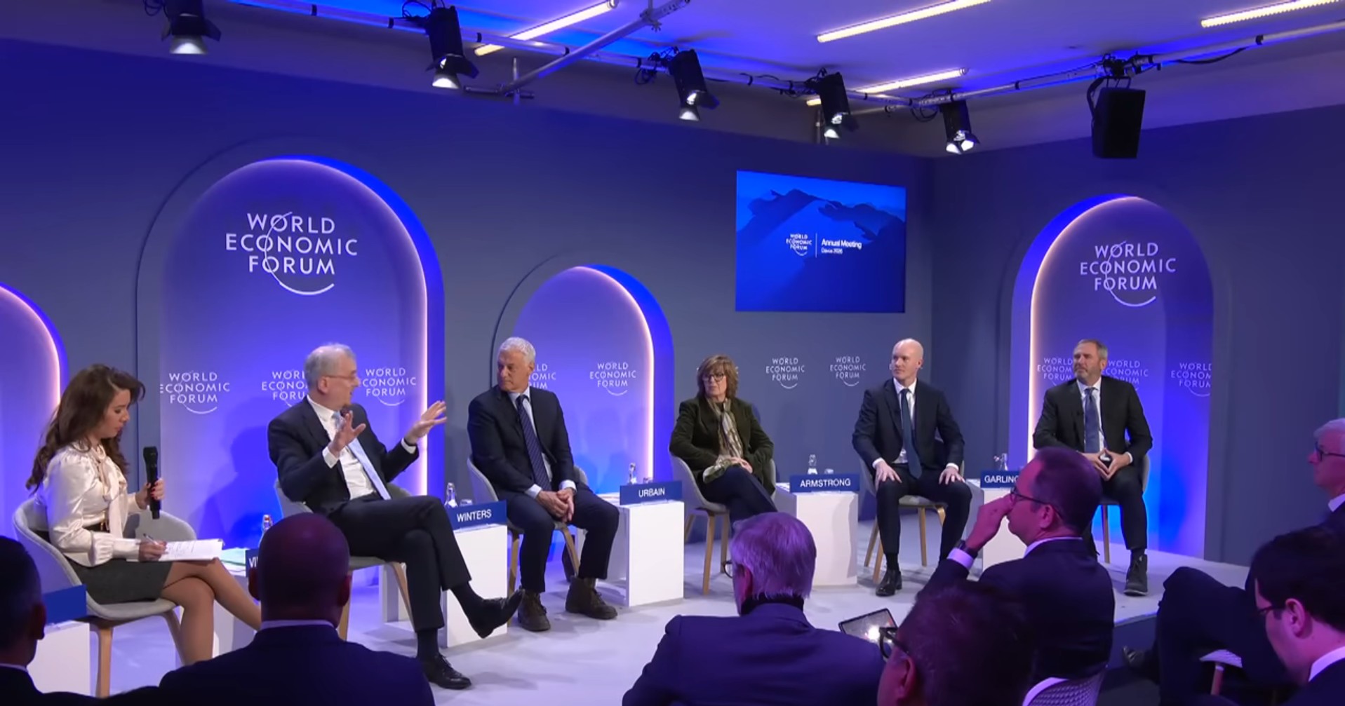 Crypto executives debated money sovereignty with France’s central bank governor at Davos 2026. Source: World Economic Forum
