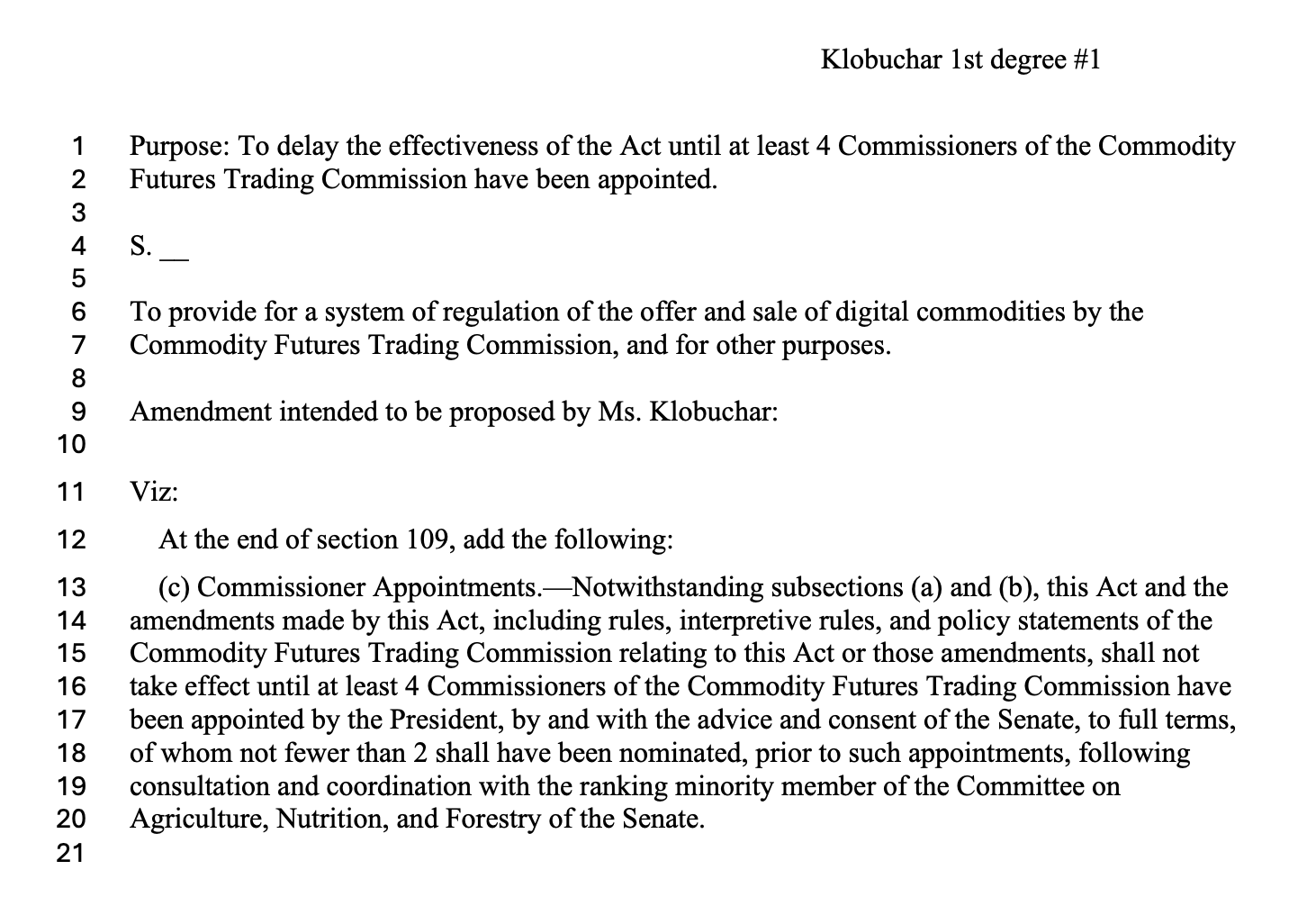 Senator Amy Klobuchar’s proposed amendment on CFTC. Source: Senate Agriculture Committee