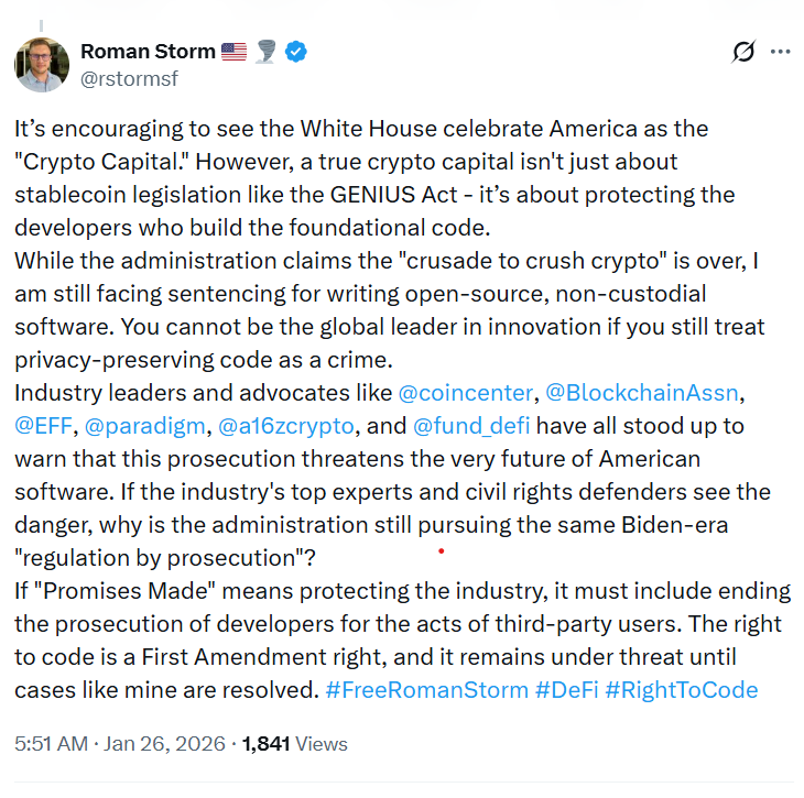 The US must protect open-source developers. Source: Roman Storm