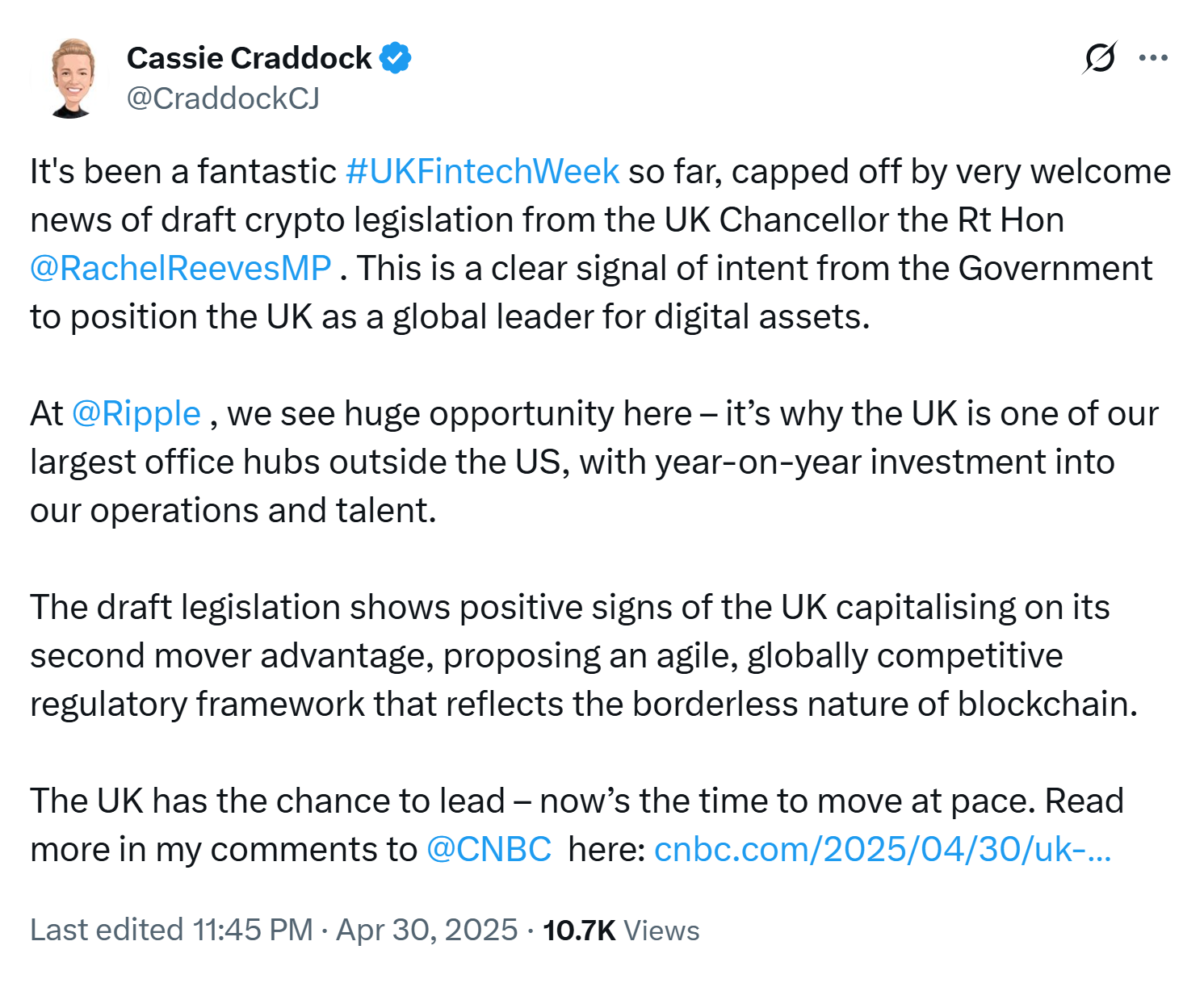Ripple’s Cassie Craddock praising new UK draft rules. Source: Cassie Craddock