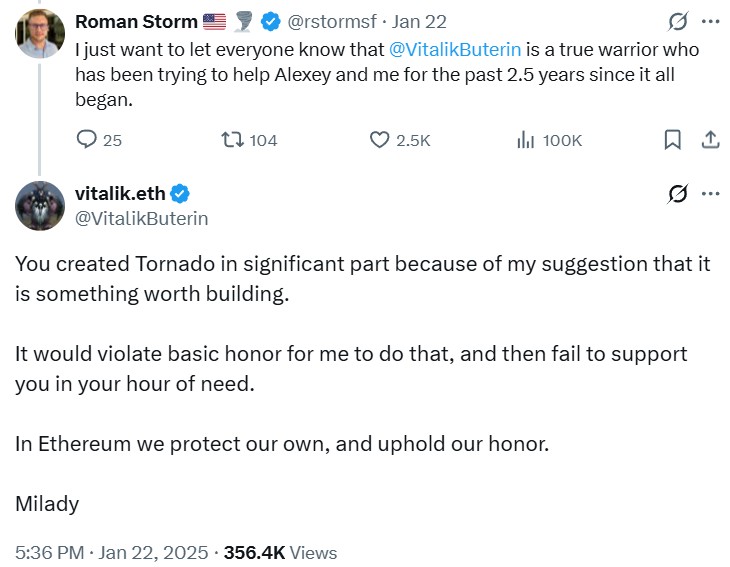 Tornado Cash developers are supported by the larger Ethereum community. Source: Vitalik Buterin/Storm