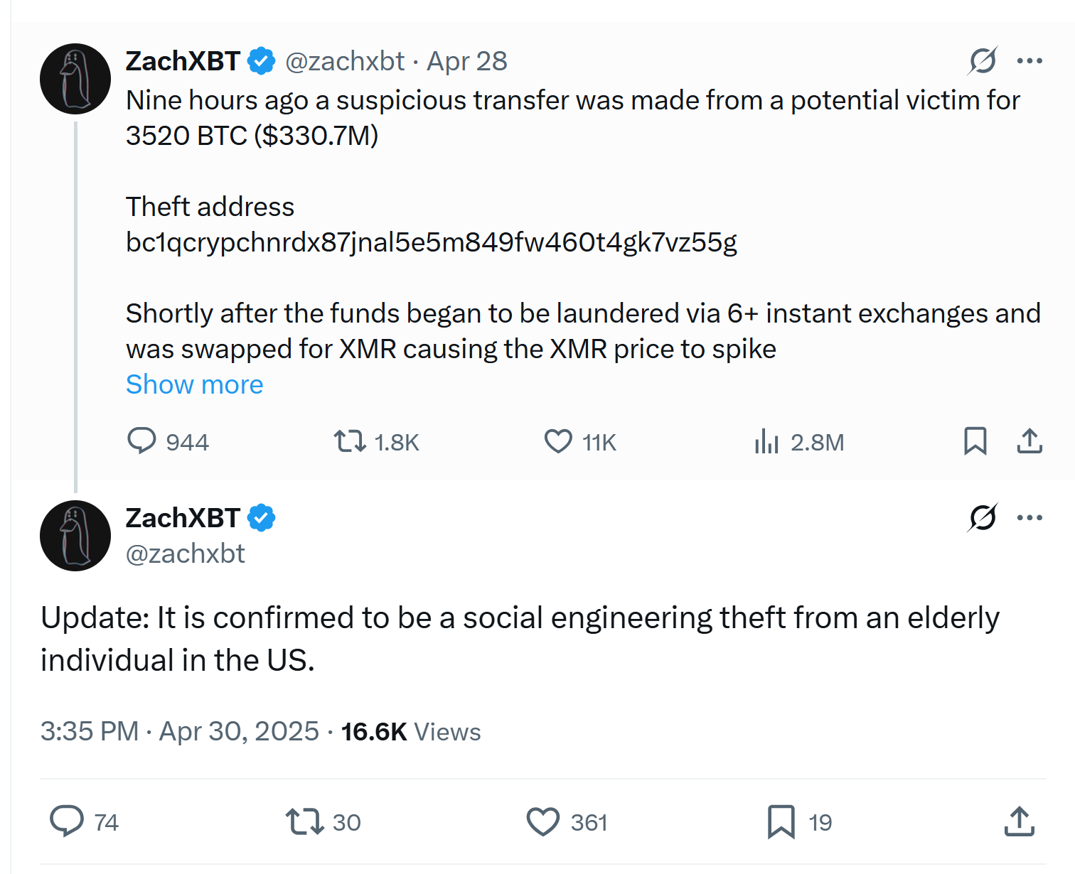 ZachXBT confirming the victim of the hack. Source: ZachXBT