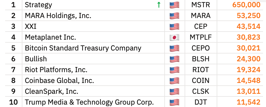 Top 10 Bitcoin Treasury Companies. Source: BitcoinTreasuries.NET