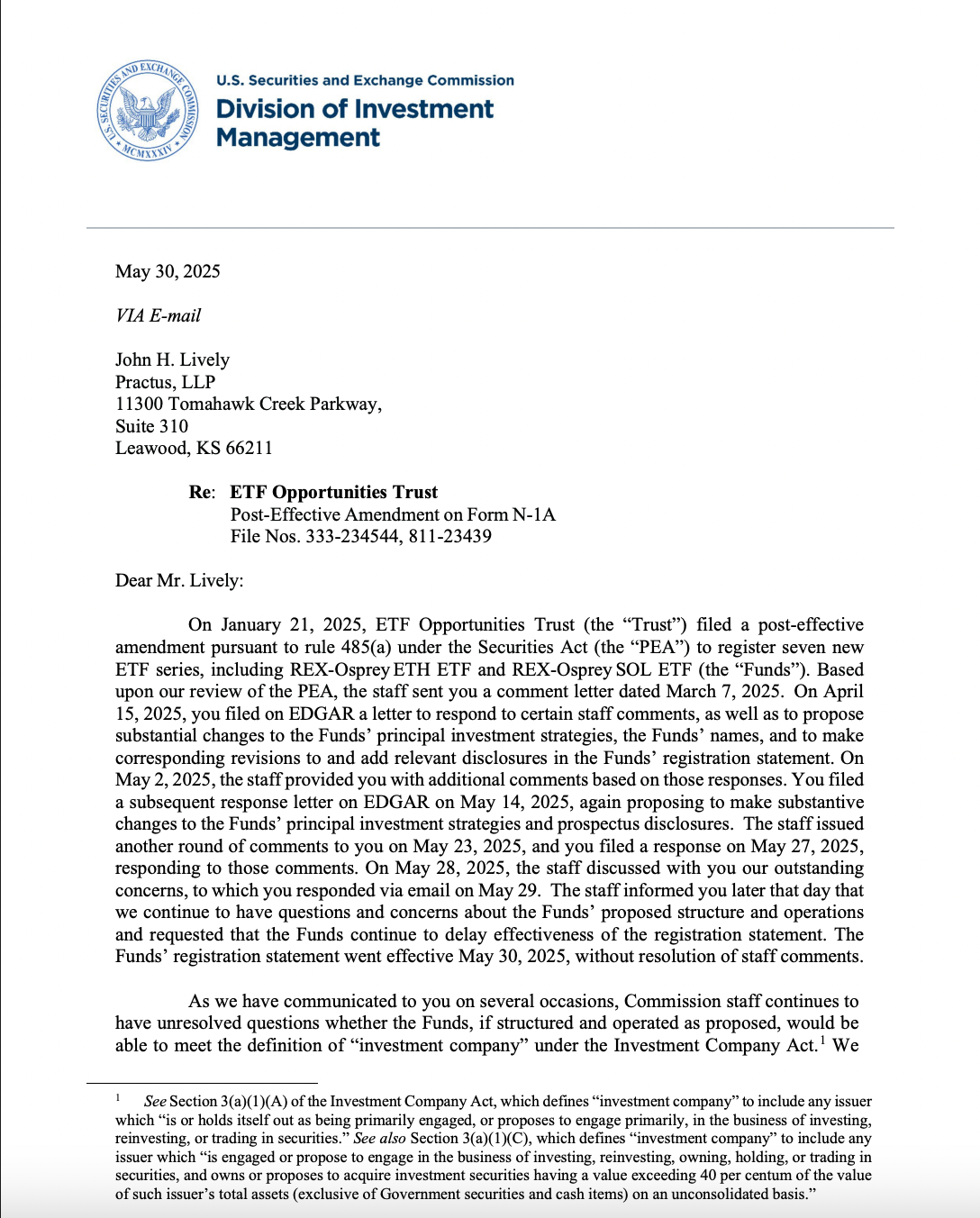 SEC responds to the REX-Osprey staking ETF filings with concern over the business structure of the ETFs. Source: SEC
