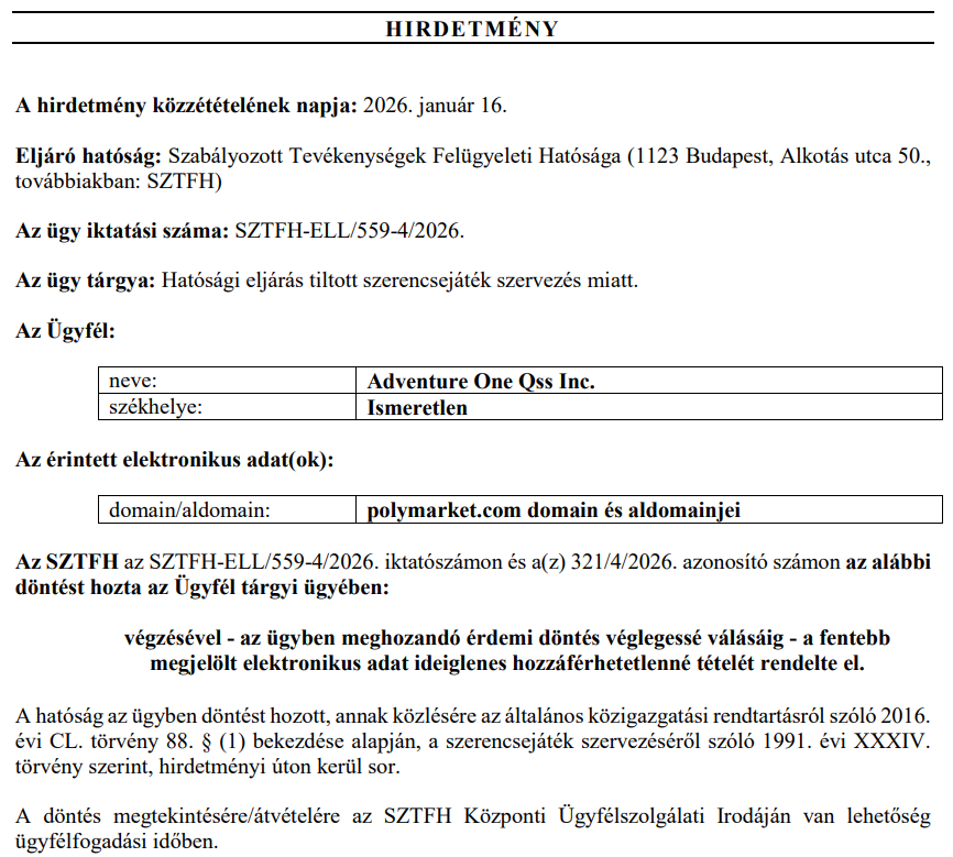 Hungarian regulatory authority blocks Polymarket access. Source: sztfh.hu