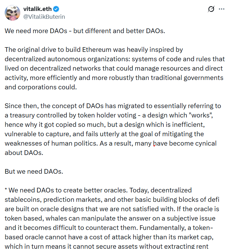 Vitalik Buterin calls for new designs of DAOs. Source: Vitalik Buterin