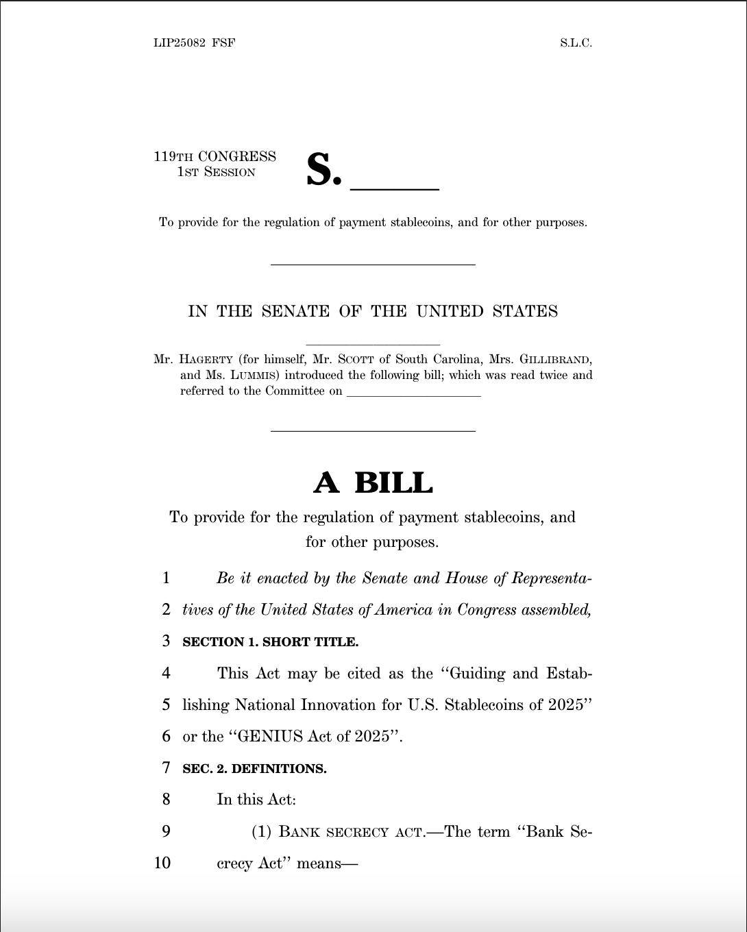 The GENIUS Act of 2025. Source: US Senate