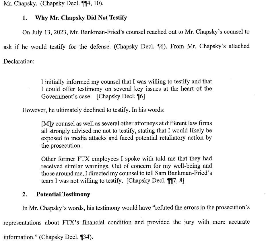 Bankman-Fried court filing on testimony allegedly withheld by Chapsky. Source: Courtlistener