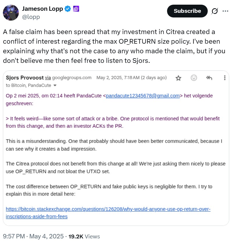 Casa founder Jameson Lopp defends against conflict of interest claims. Source: Jameson Lopp