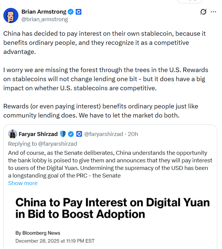 US stablecoins are being left “uncompetitive.” Source: Brian Armstrong