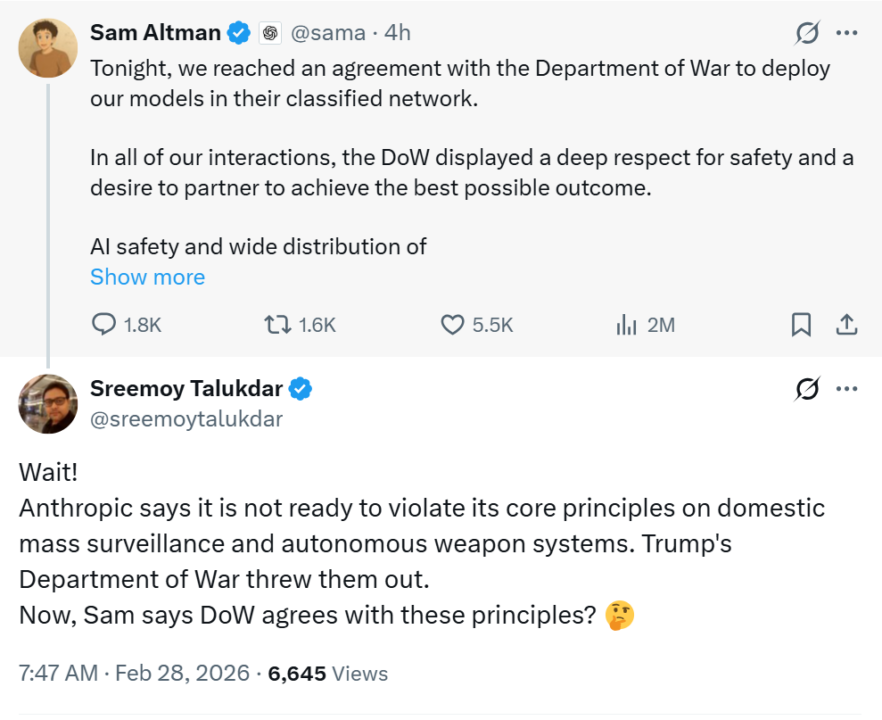 OpenAI faces backlash after reaching deal with US military. Source: Sreemoy Talukdar