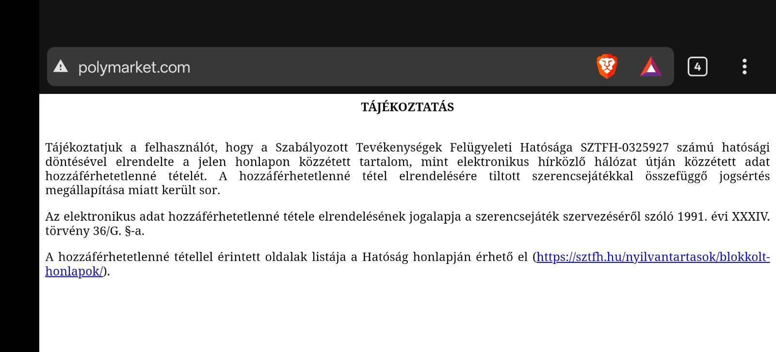 Hungarian regulatory authority’s message displayed when trying to access Polymarket for local users. Source: Deethz