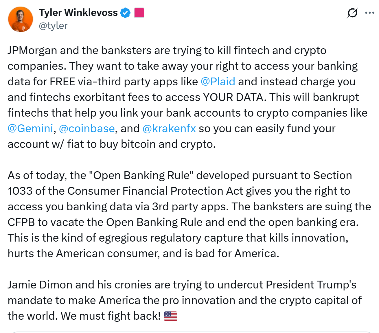 Tyler’s tweet criticizing JPMorgan. Source: Tyler Winklevoss