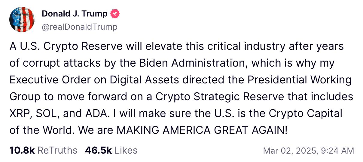 March 2 Truth Social post announcing US crypto reserve. Source: Donald Trump