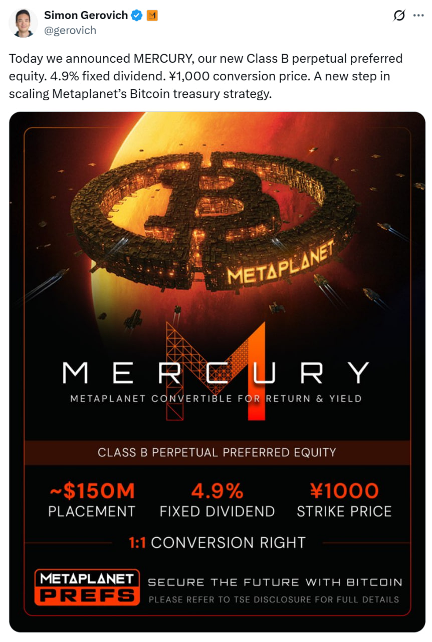 Metaplanet CEO reveals MERCURY. Source: Simon Gerovich
