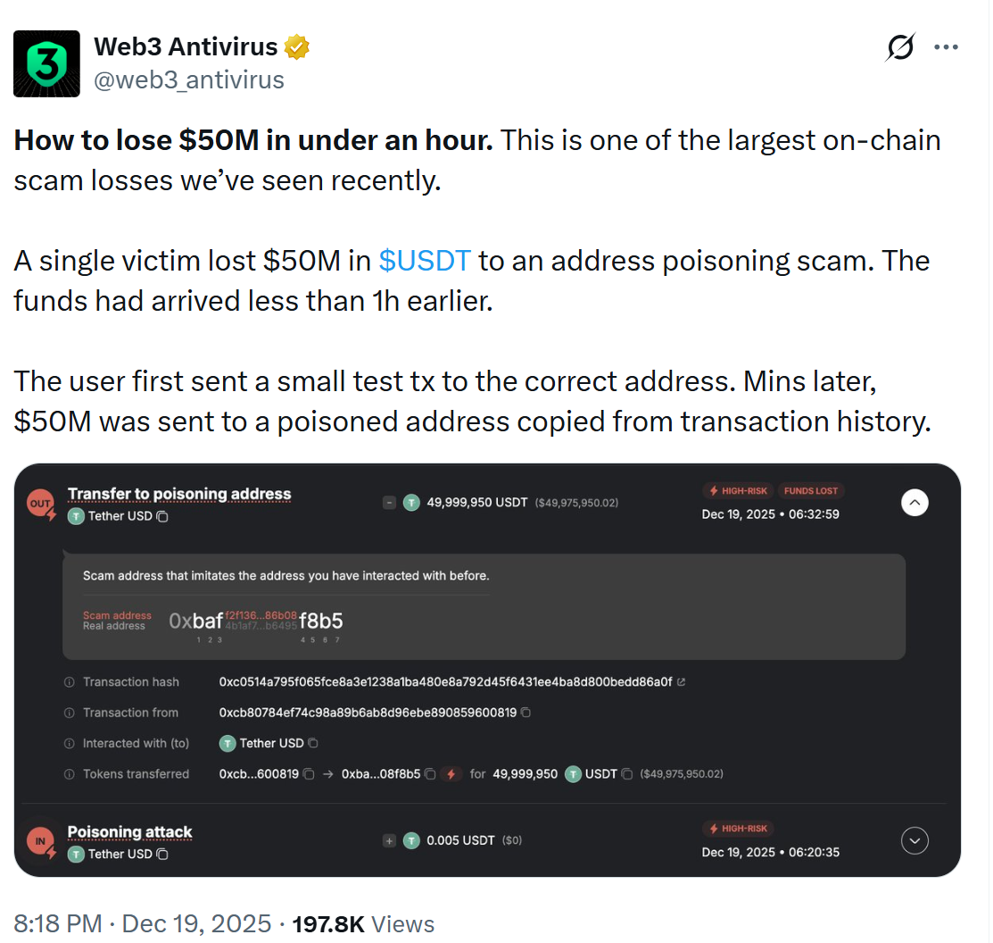 User falls victim to address poisoning scam. Source: Web3 Antivirus