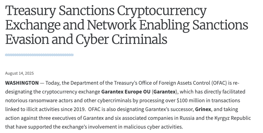 The US Treasury Department announced sanctions against Garantex and related entities on Aug. 14, 2025. Source: Treasury.gov