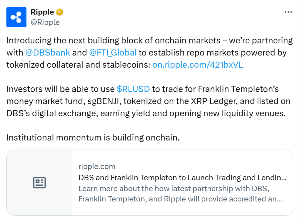 Ripple partners with DBS and Franklin to roll out tokenized lending. Source: Ripple