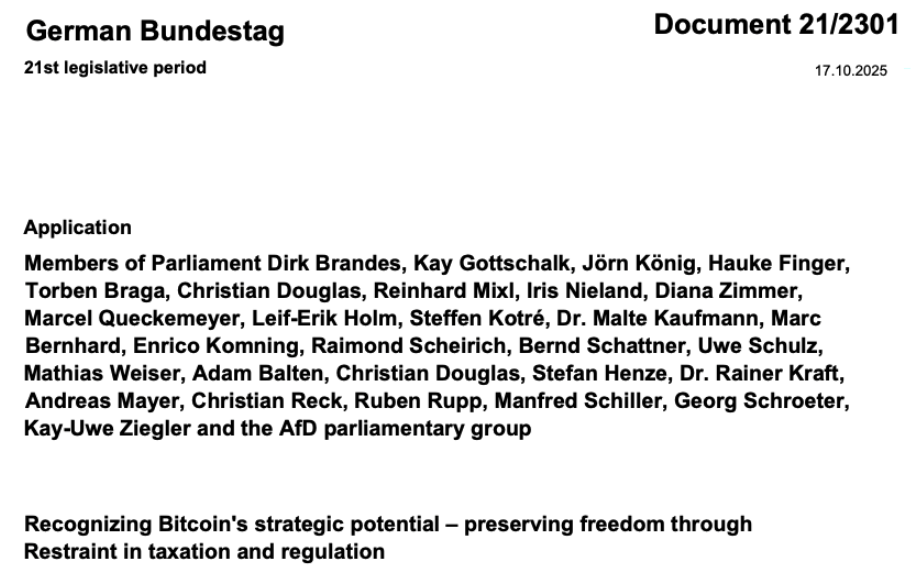 Title page of the Bitcoin motion by the AfD parliamentary group submitted on Oct. 23. Source: German Bundestag
