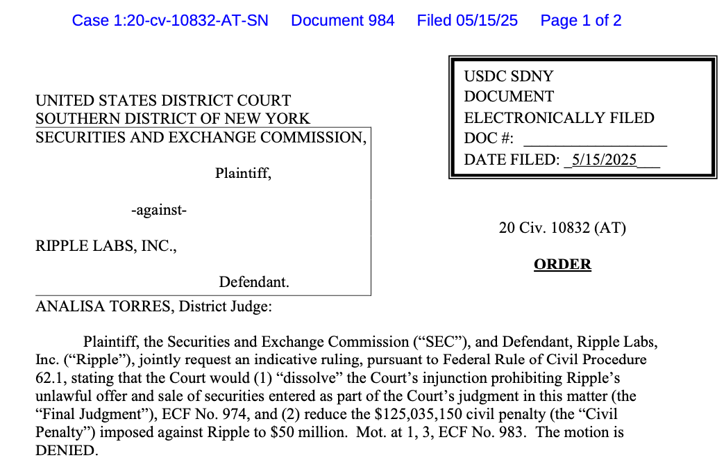 An excerpt from the court’s rejection of the SEC-Ripple motion on May 15, 2025. Source: Courtlistener