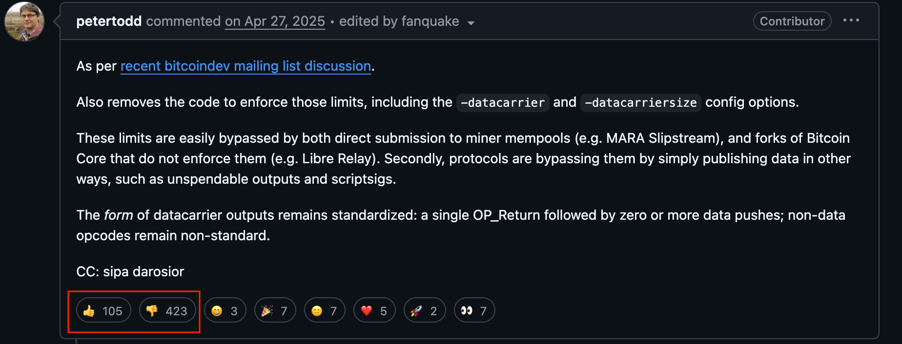 The pull request proposing the removal of arbitrary data limits on Bitcoin. Source: GitHub
