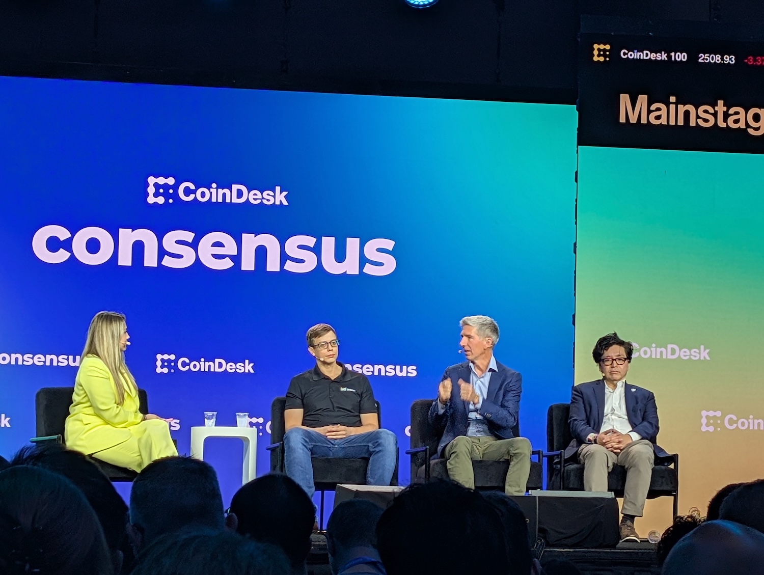 Eleanor Terrett, Ben Gagnon, Matt Hougan and Tom Lee at Consensus 2025. Source: Cointelegraph