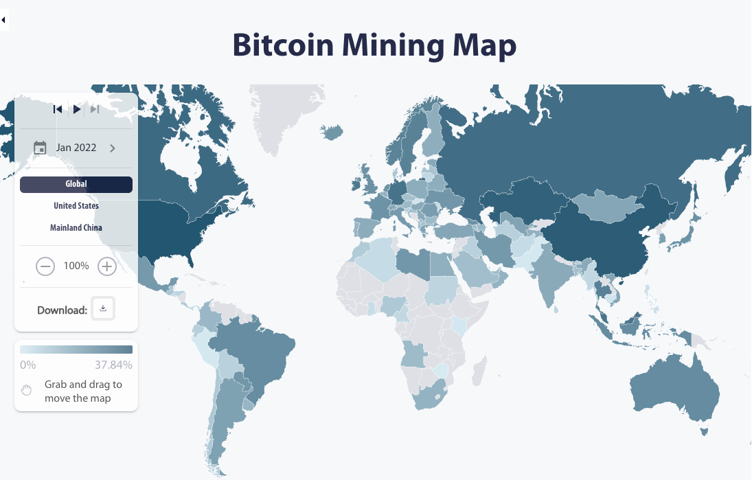 Bitcoin mining map by countries as of January 2022. Source: CBECI