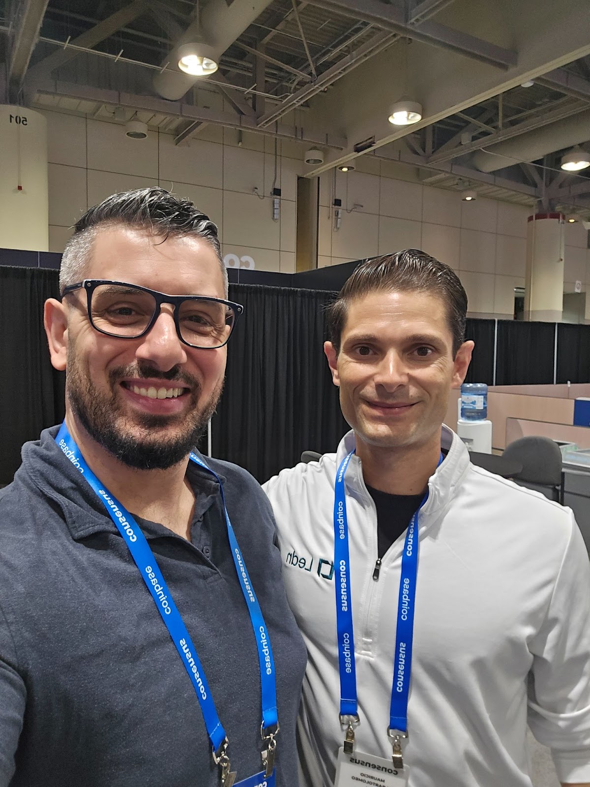 Ledn co-founder Mauricio di Bartolomeo, right, and Cointelegraph’s Sam Bourgi at Consensus. Source: Cointelegraph