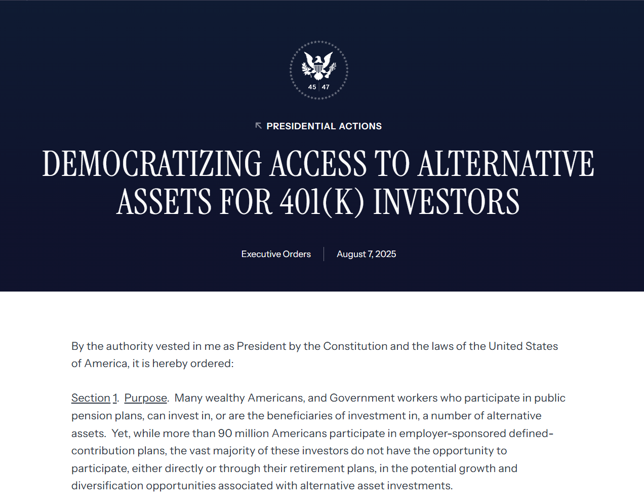 US President Donald Trump’s Aug. 7 Executive Order, titled “Democratizing Access to Alternative Assets for 401(k) Investors.” Source: White House