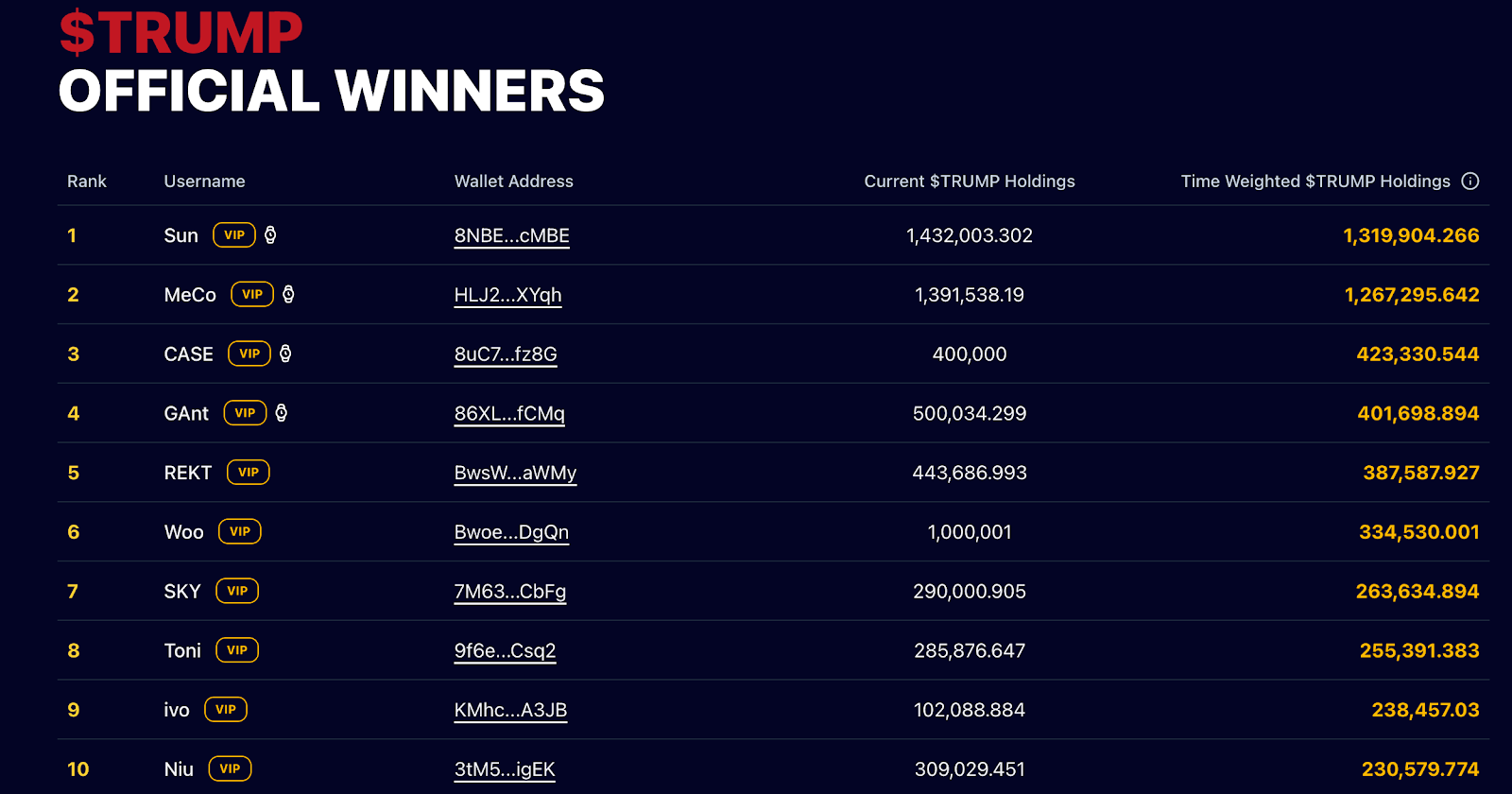 Top 10 TRUMP memecoin holders as of May 12. Source: TRUMP memecoin project