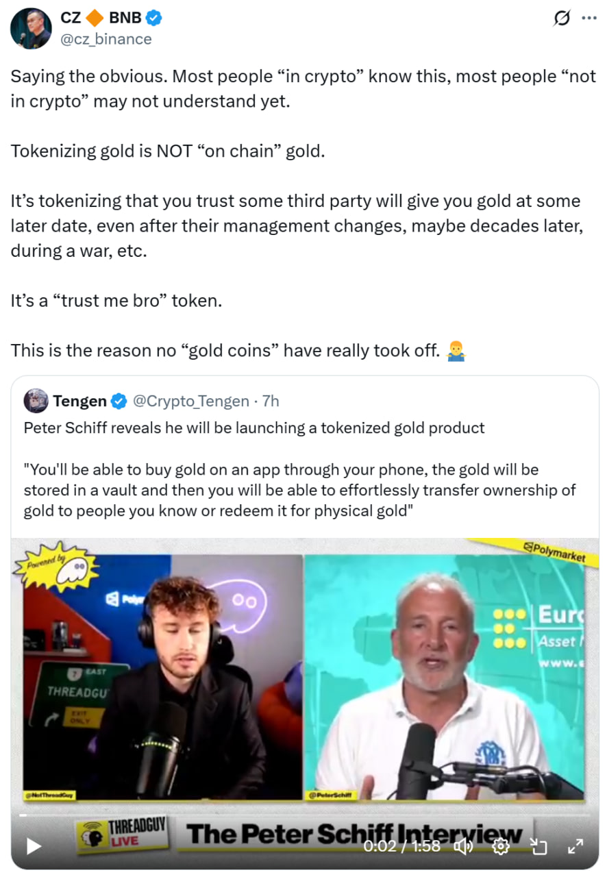 CZ dismisses Schiff’s tokenized gold. Source: CZ