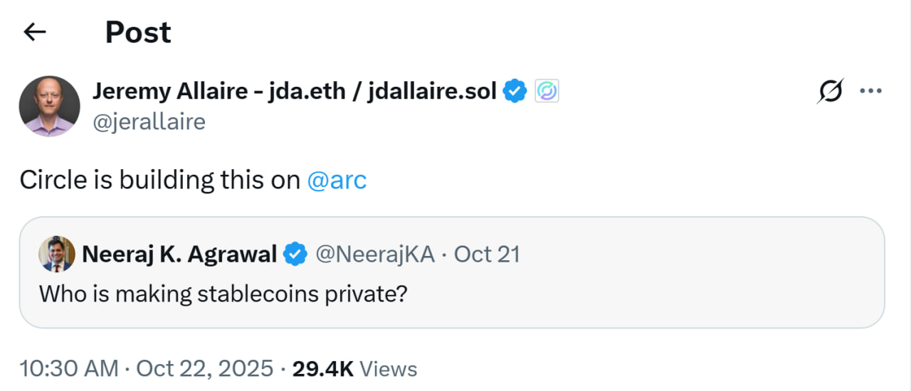 Circle CEO announces building private stablecoins on Arc. Source: Jeremy Allaire