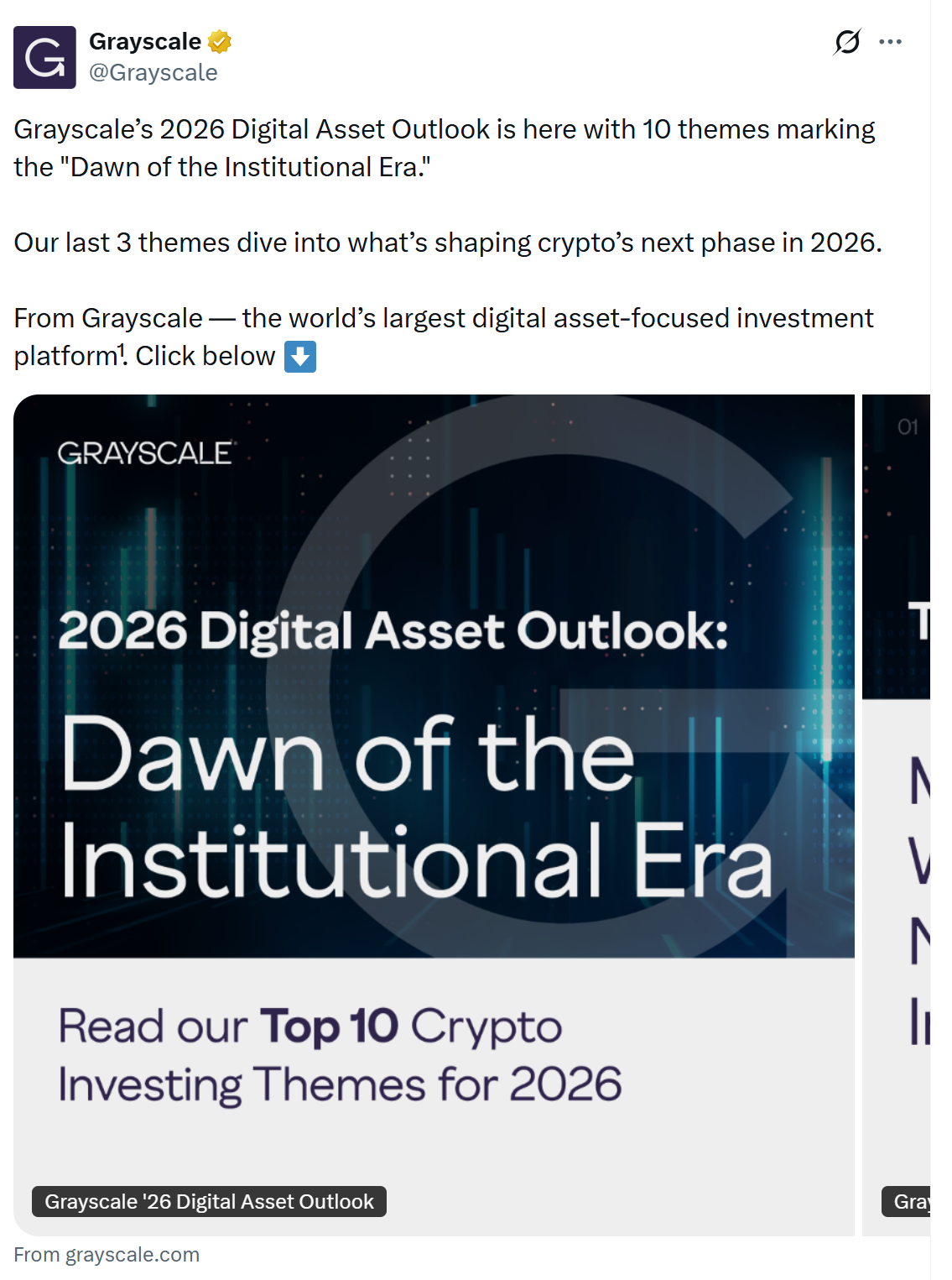 Grayscale releases its 2026 digital asset outlook. Source: Grayscale