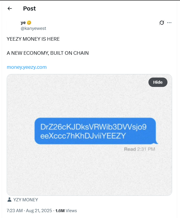 Ye announces YZY token. Source: Kanye West