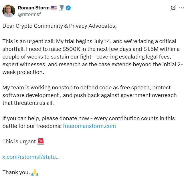 Storm’s mounting legal fees fundraise faces shortfall. Source: Roman Storm