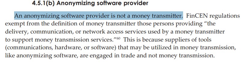 FinCEN states anonymizing software providers are not money transmitters, but anonymizing service providers are. Source: FinCEN