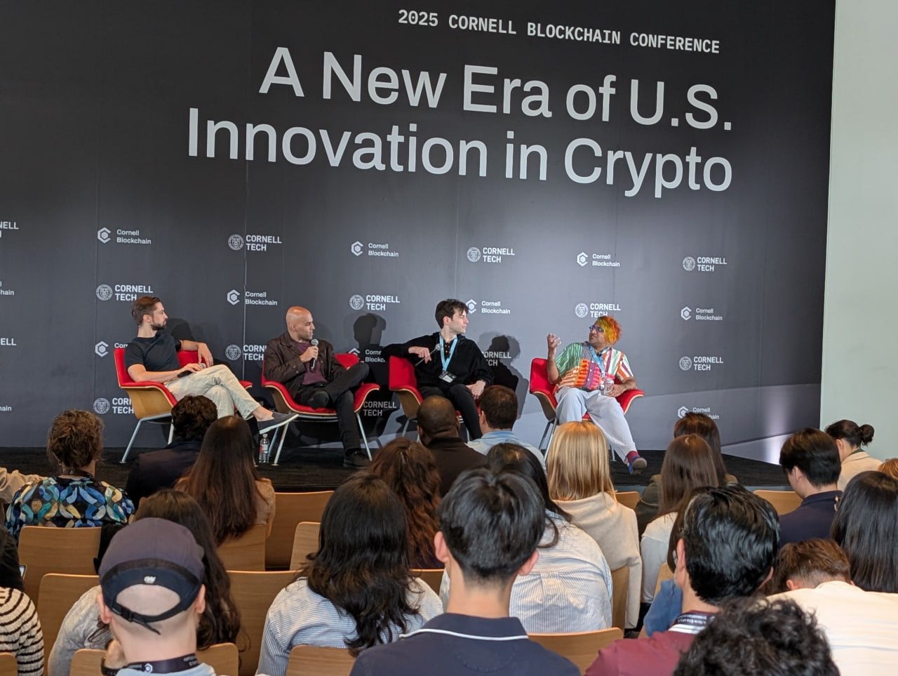 Hoffman, left, at Cornell Tech’s blockchain conference. Source: Andrew Singer