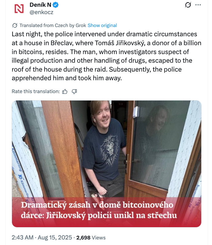 Czech police arrested Tomas Jirikovsky on Thursday night (translated by Grok). Source: Deník N