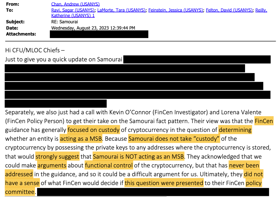 An excerpt of an email from prosecutor Andrew Chan said FinCEN “did not have a sense” of what it would decide on Samourai. Source: CourtListener