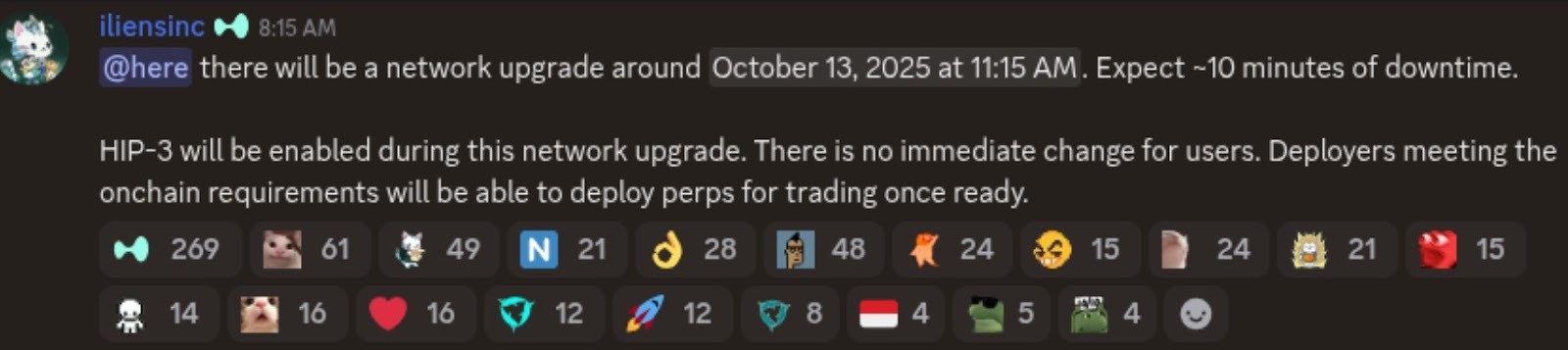 Discord message announcing the upgrade. Source: Hyperliquid
