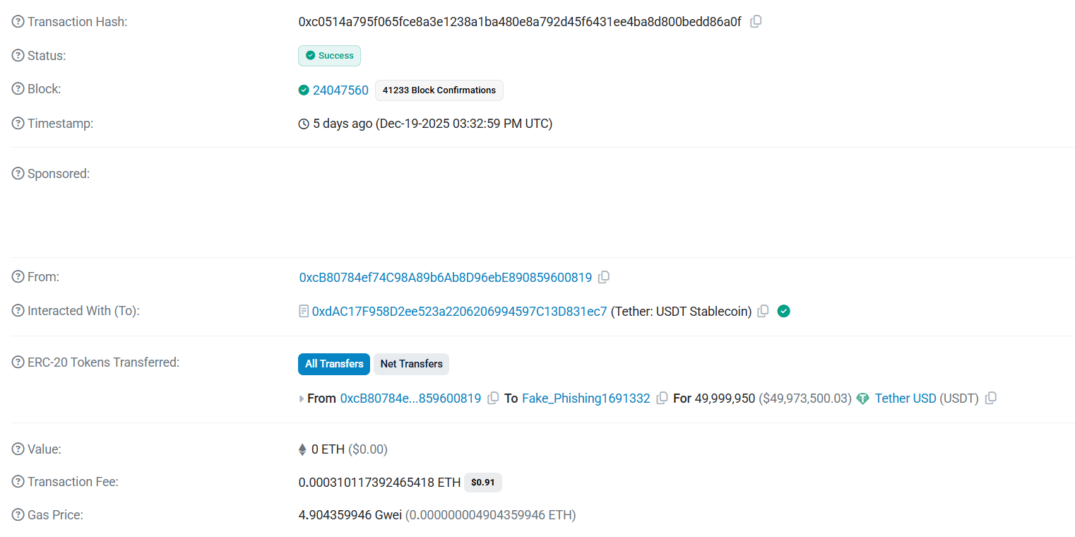 $50M address poisoning transaction, wallet 0xcB8. Source: Etherscan.io