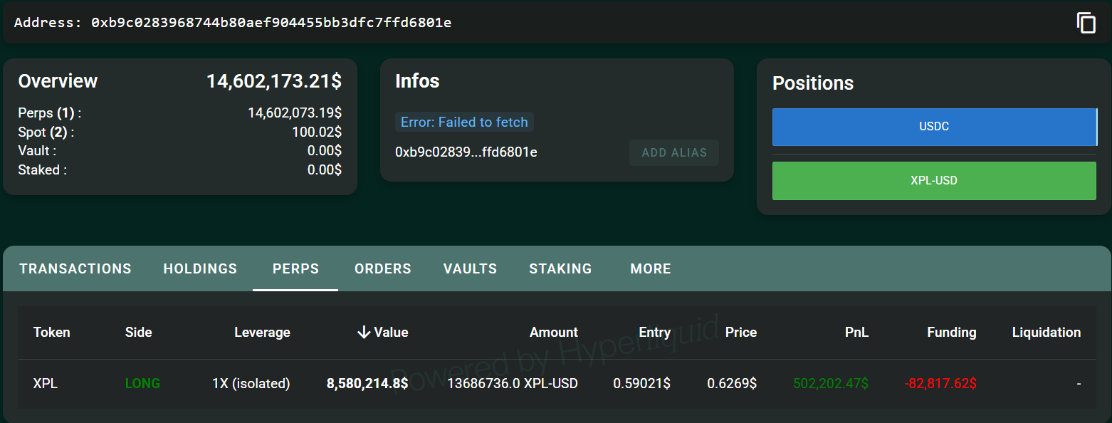 Wallet 0xb9c, perpetual futures positions. Source: Hypurrscan