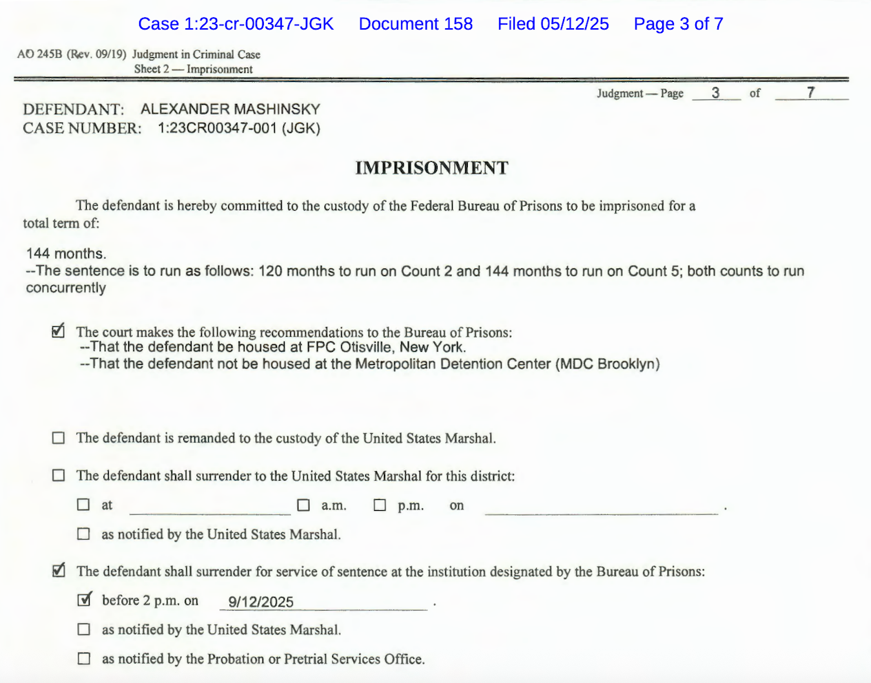 Alex Mashinsky’s terms of imprisonment filed on May 12. Source: SDNY